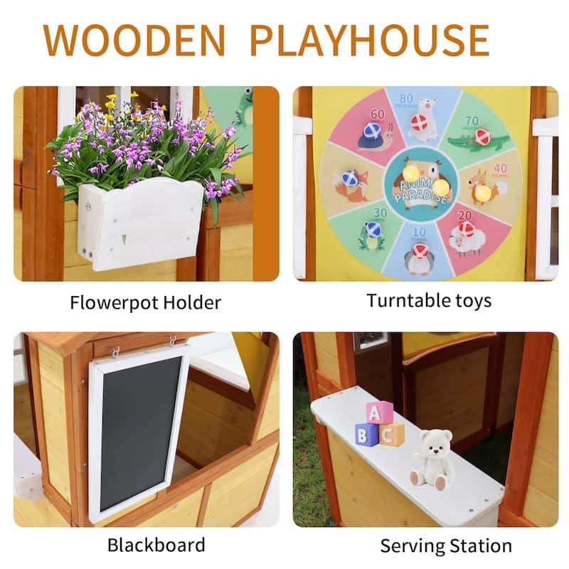 Outdoor Playhouse for Kids Wooden Cottage with Working Doors Windows Pretend Play House for Age 3-8 Years