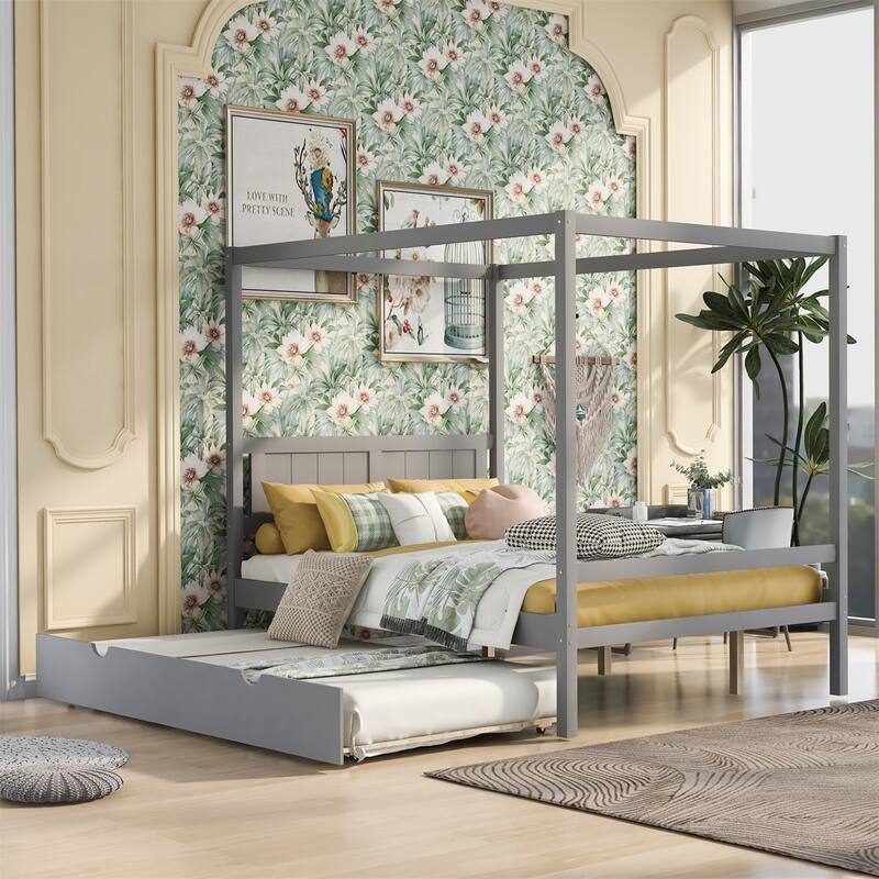 Merax Full Size Canopy Platform Bed with Trundle - Grey