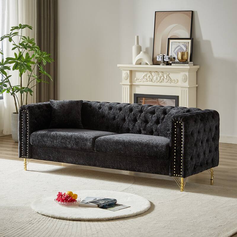 82-Inch Chesterfield-Style Chenille Sofa, Tufted Design with Nailhead Armrests and Metal Legs for Living Room