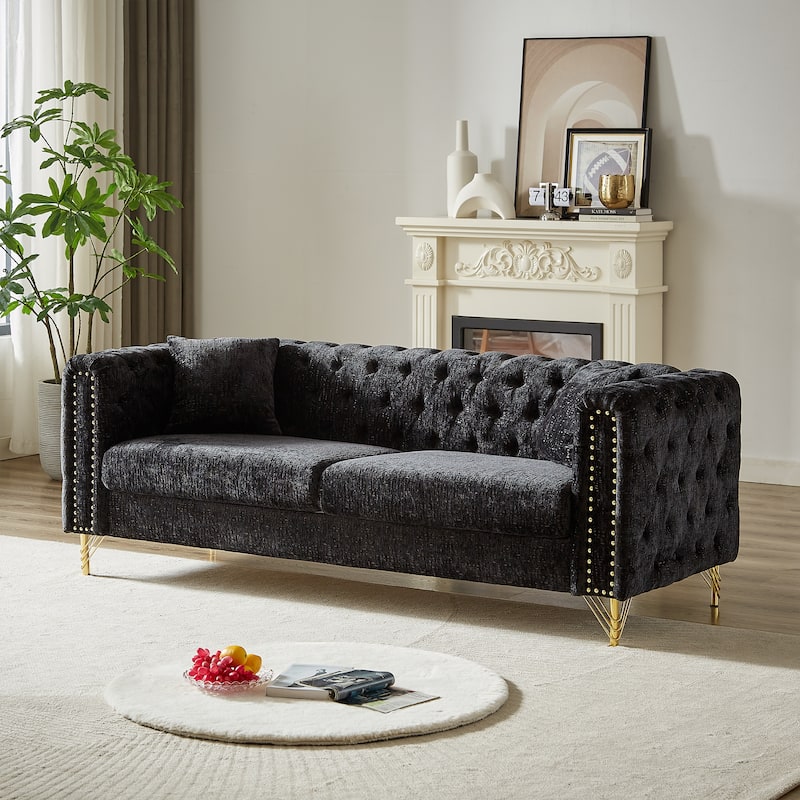 Modern 82-Inch Chenille Sofa, Button-Tufted with Copper Nail Decoration and Metal Legs