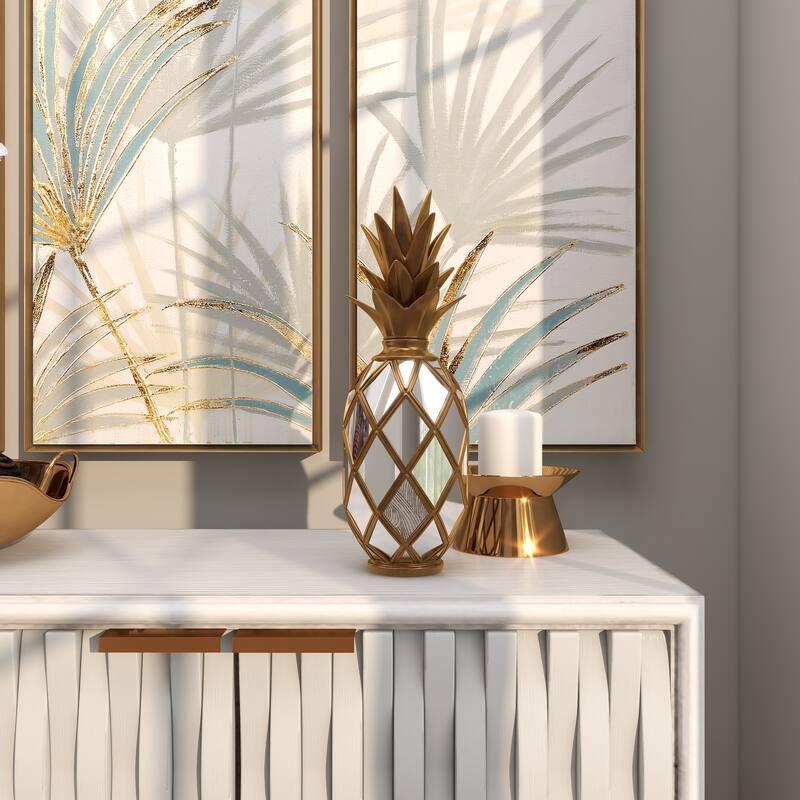 Gold Polystone Pineapple Fruit Decorative Sculpture with Mirror Accents