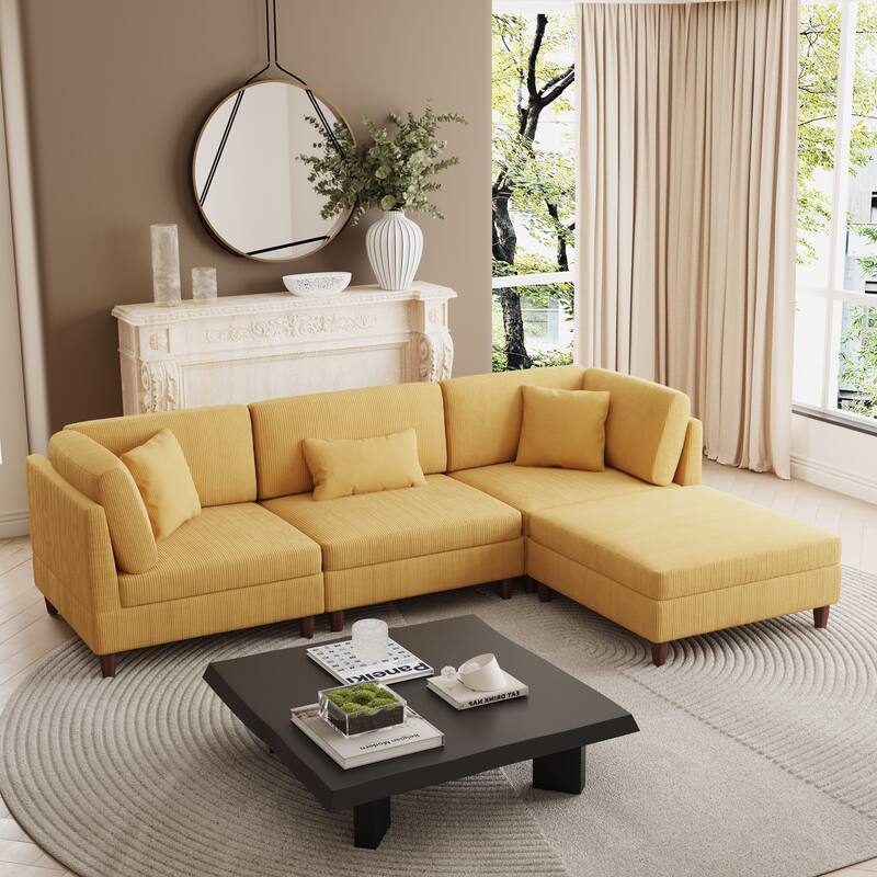 Corduroy Convertible Couch Modular Sectional Sofa with Ottoman - 4-Piece Orange - Reversible