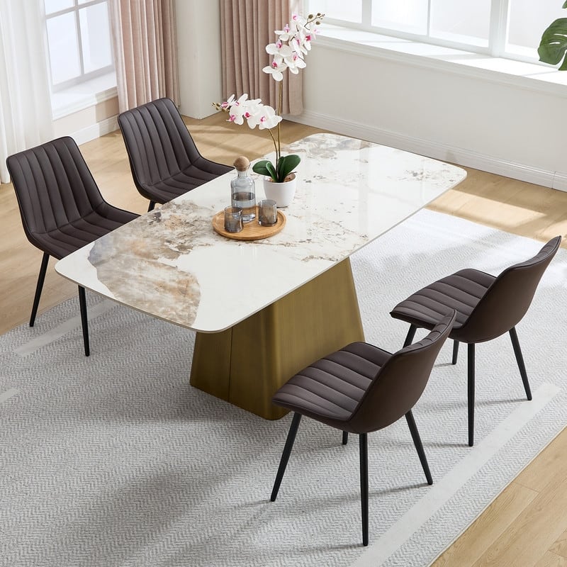 HOMEFUN PU Leather Upholstered Stripes Sturdy Metal Frame Dining Chairs(set of 4) - Brown