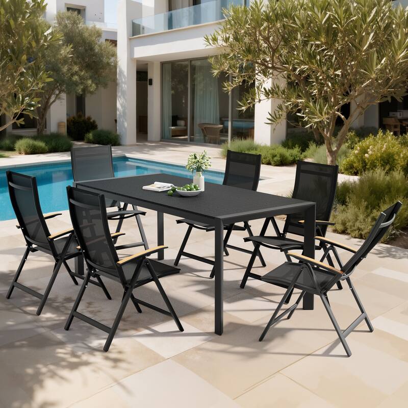 7-Piece Outdoor Patio Dining Set Wood Like Table Top Aluminum Rectangular Umbrella Hole Table with Folding Armrest Chairs - Black