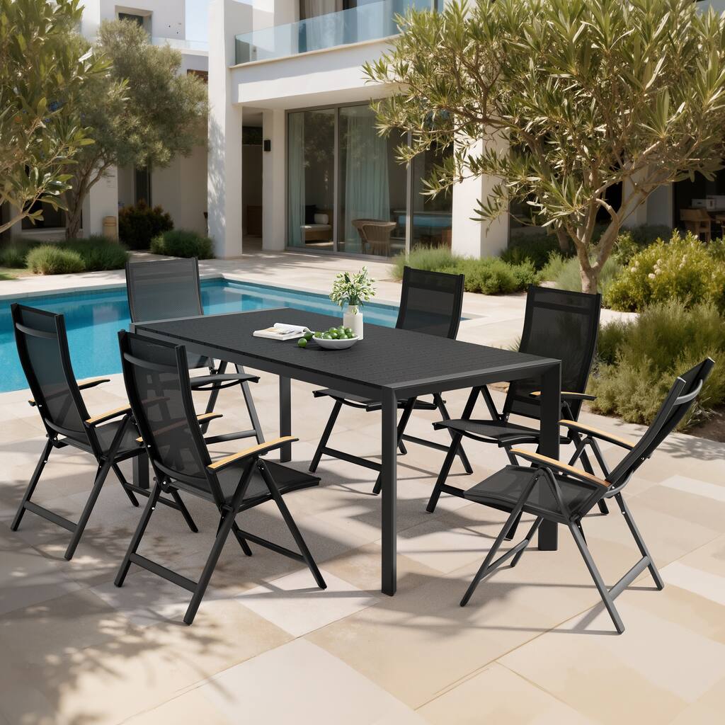 7-Piece Outdoor Patio Dining Set Wood Like Table Top Aluminum Rectangular Umbrella Hole Table with Folding Armrest Chairs