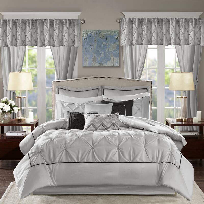 Madison Park Essentials Loretta 24-Piece Room in a Bag with Window Panels and Sheet Set - Grey - Queen