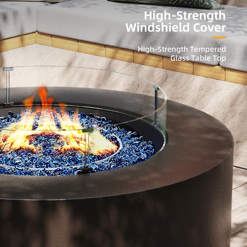 Patio Watcher Outdoor 42in. Iron Fire Pit Table with Propane Tank Cover and Glass Wind Guard