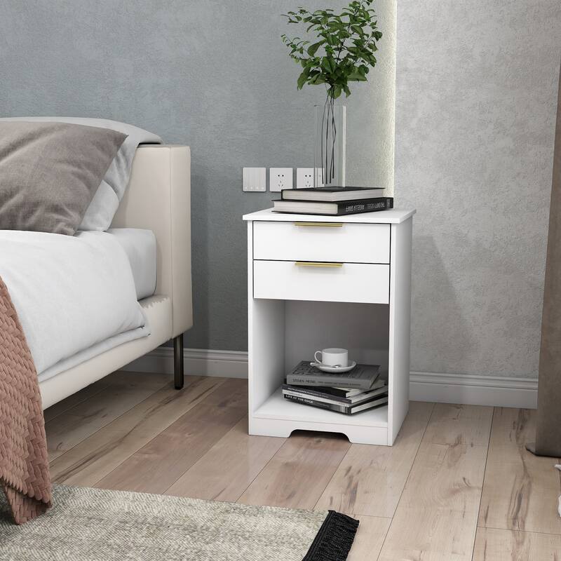 Anmytek White 2 Drawer Nightstand with Gold Handles, Modern Bedside Table End Table for Small Spaces