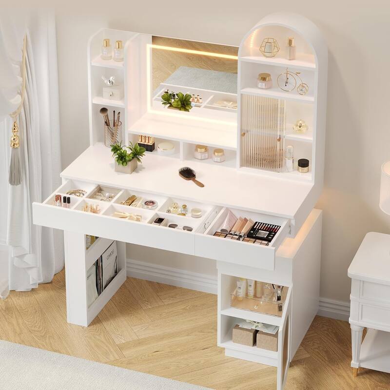 Vanity Desk with Lighted Mirror, Makeup Vanity Table with 3 Storage Drawers and 11 Shelves - White