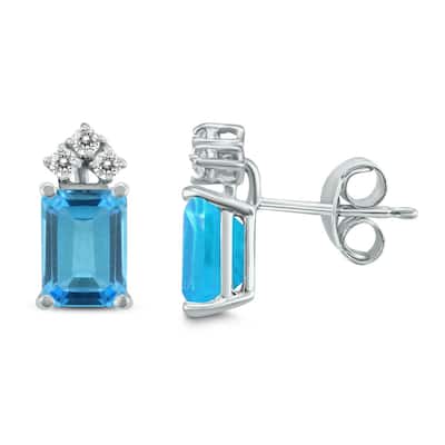 Marquee 14K White Gold 7x5MM Emerald Shaped Blue Topaz and Diamond Earrings