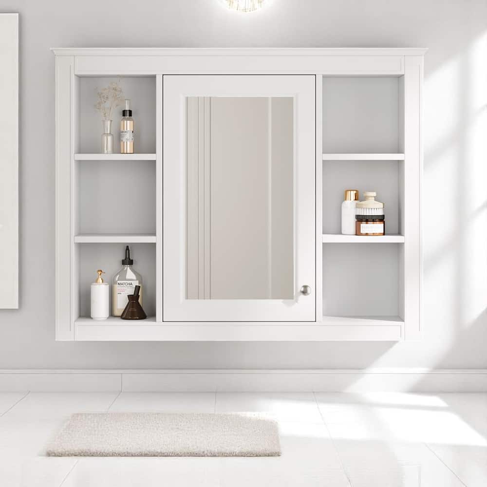 Modern Bathroom Mirror Cabinet, 35" Medicine Cabinet with 1 Door and 6 Open Shelves, Wall Mounted