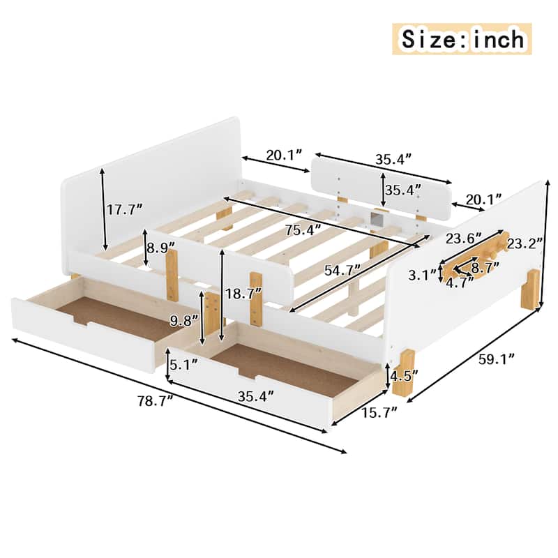 Full/Twin Platform Bed with Storage Drawers, Guardrail & Hooks