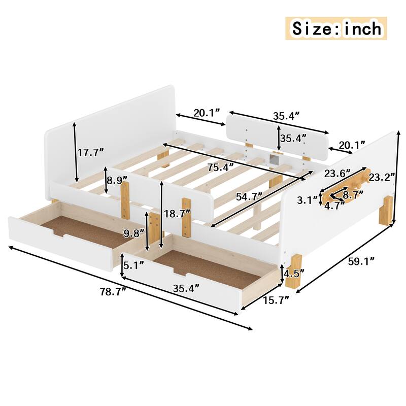Low Profile Solid Wood Platform Bed Frame with Storage Drawers, Guardrails and Headboard, Footboard with Small Shelf and Hooks