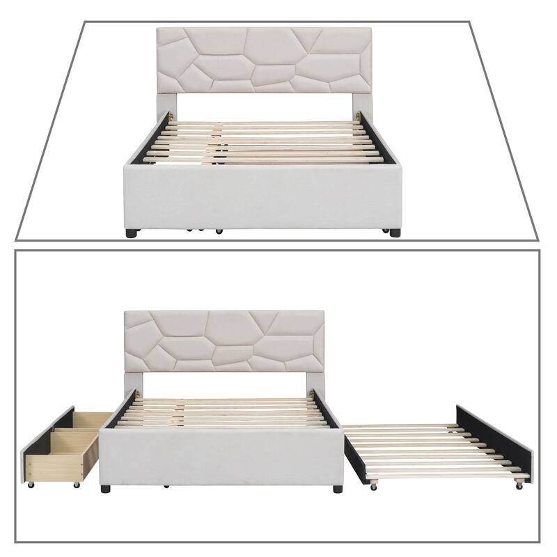 Stylish Linen Fabric Upholstered Platform Bed with Two Drawers and a Trundle Bed