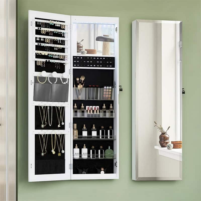 8 LEDs Jewelry Cabinet Armoire - 14.4"D x 42.5"W x 3.9"H - White