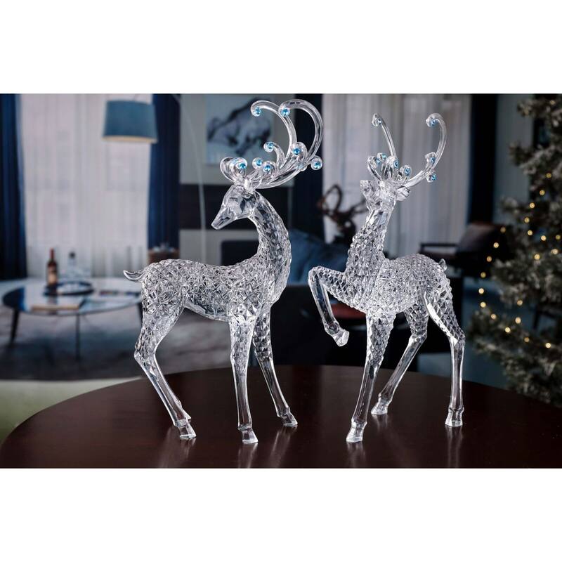 Set of 2 Clear Blue Contemporary Diamond Cut Deer Tabletop Decor 15"