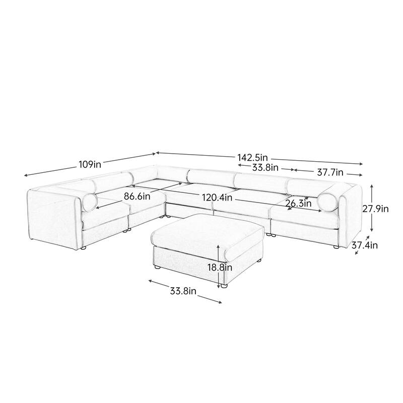 Modern Large Modular Sectional Sofa with Storage Ottoman and Cylindrical Backrest and Armrests for Living Room or Guest Room