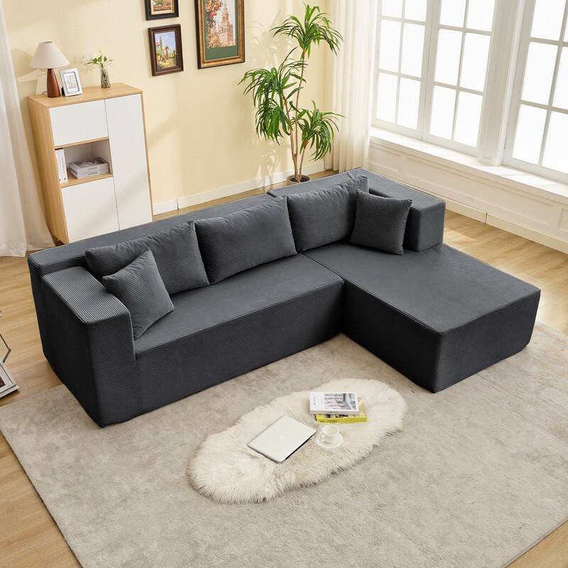 Mixoy W106'' Modern 2-Piece Free Combination Corduroy Upholstered L-Shaped Modular Sectional Sofa with Right Chaise and Pillow
