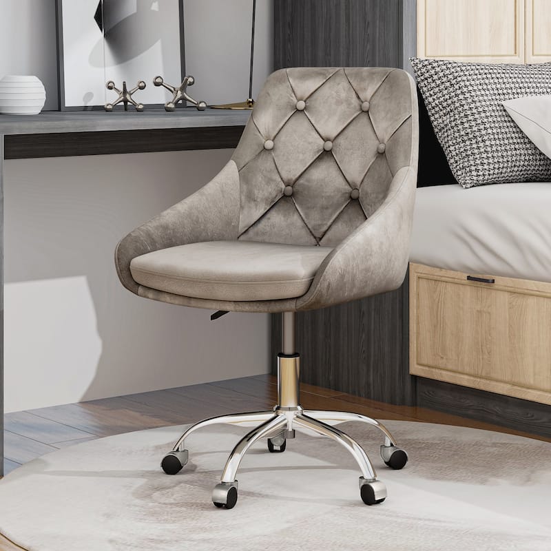 Grey Velvet Modern 22.3" Upholstered Buttons Tufted Accent Chair with Chrome Legs for Living Room - Grey Velvet