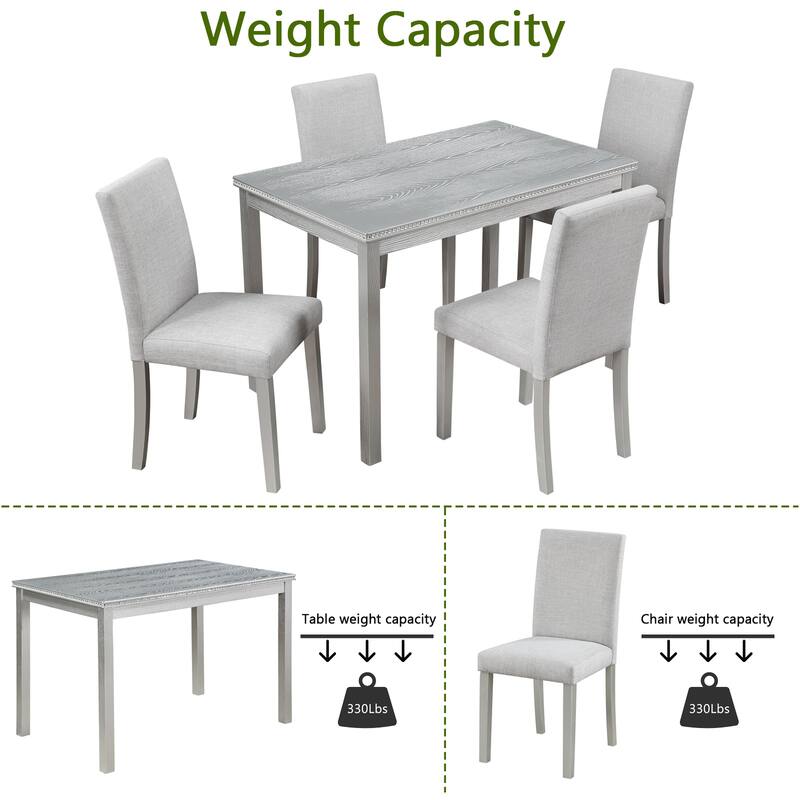 5-Piece, Modern Dining Table Set with Crystal-Embellished Dining Table and 4 Upholstered Dining Chairs, for Dining Rooms, White