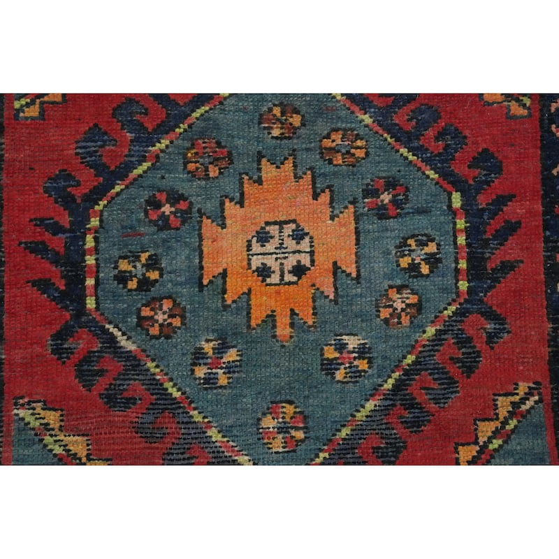 Hand Knotted Oriental 100% Wool Carpet Traditional Geometric Oranges & Rust Heriz Runner Rug - 9' 9'' X 3' 6''