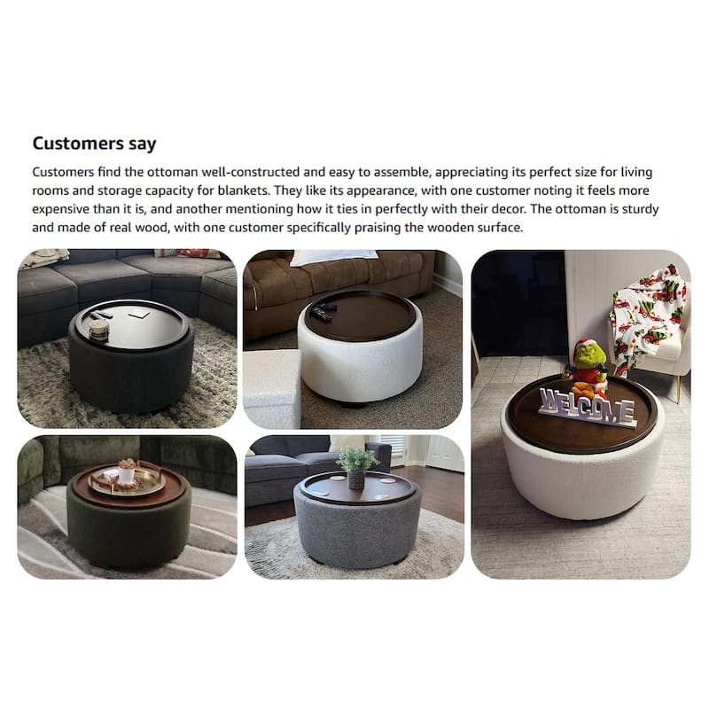 Huimo Modern round wooden tray Ottoman with Storage