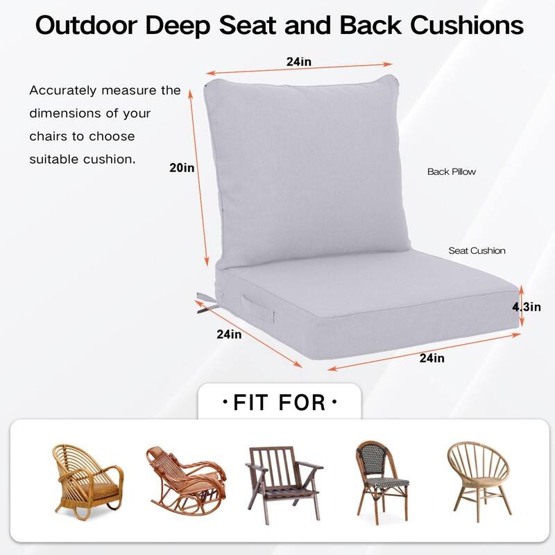 24x24 in Outdoor Deep Seat Cushion Set, Waterproof Fade Resistant, 4in Thickened Foam, Removable Cover, Adjustable Straps