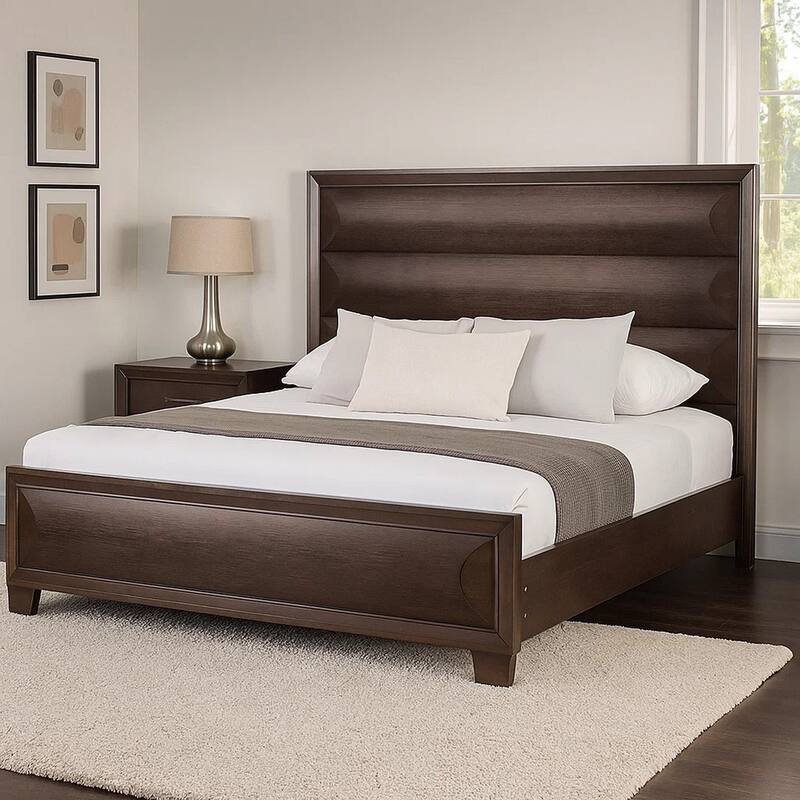 Nitz King Bed, Paneled Headboard with Beveled Fronts, Espresso Brown Wood