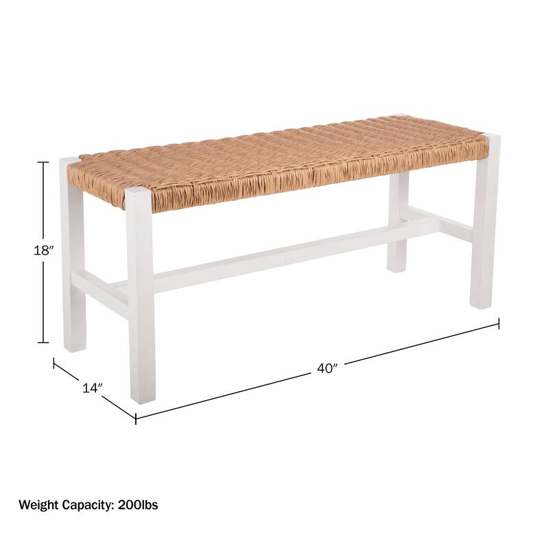 Newport 40" Wood Bench with Handcrafted Woven Rope Seat, White