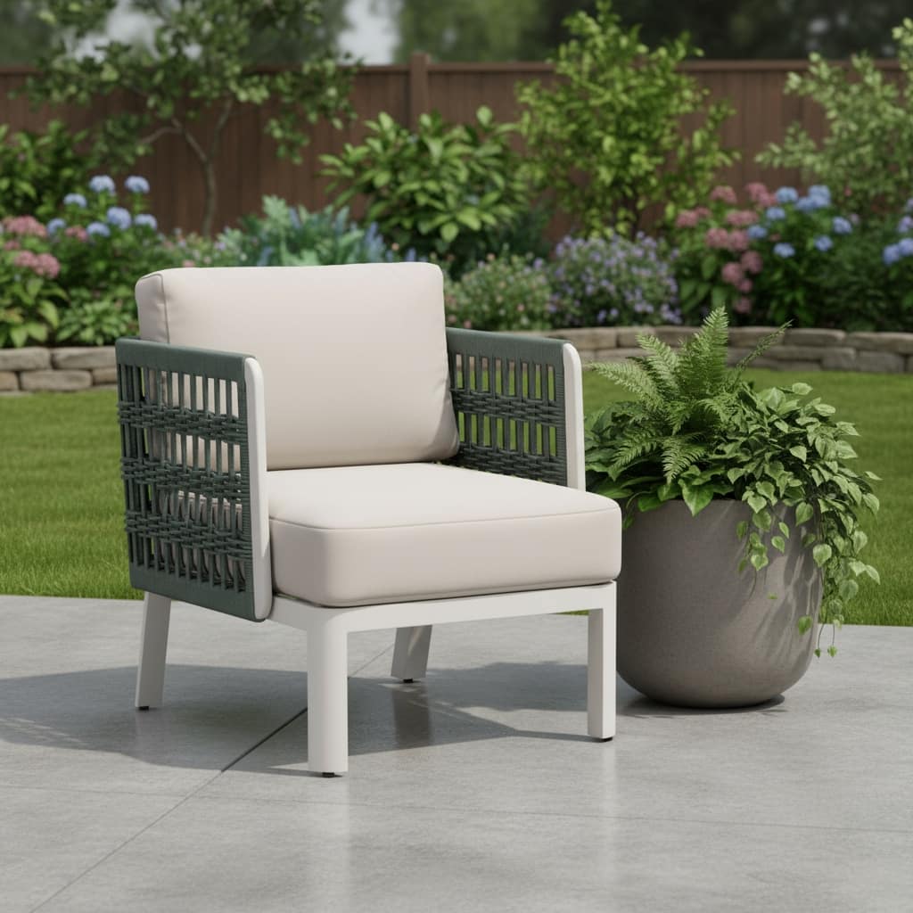 27" Green And White Aluminum Outdoor Accent Chair with White Cushion