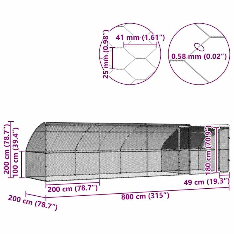 vidaXL Chicken Cage Silver 400/600/800 x 200 x 198.5 cm Galvanized steel