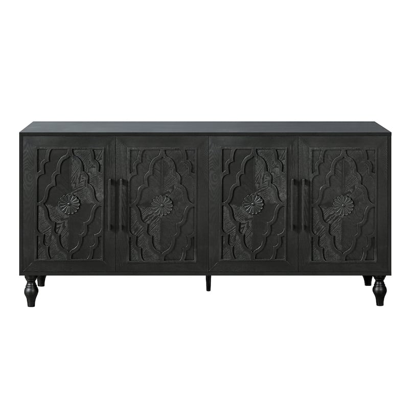 Carved Flower Door Large Storage Cabinet With Metal Handle