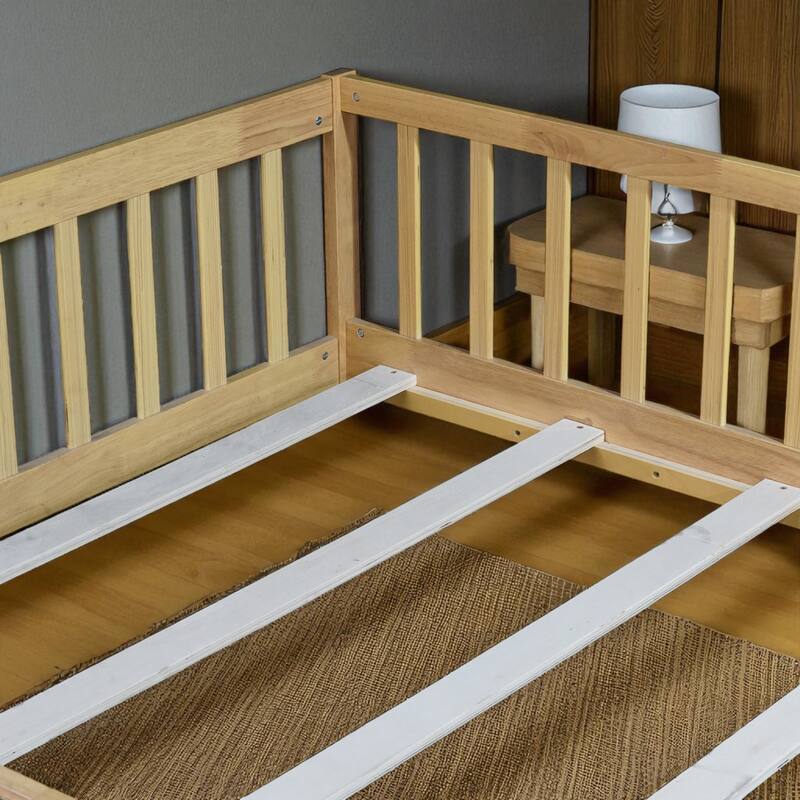 Full Size Rubber Wood Floor Bed with Fence, Door and Safety Guardrails for Kids