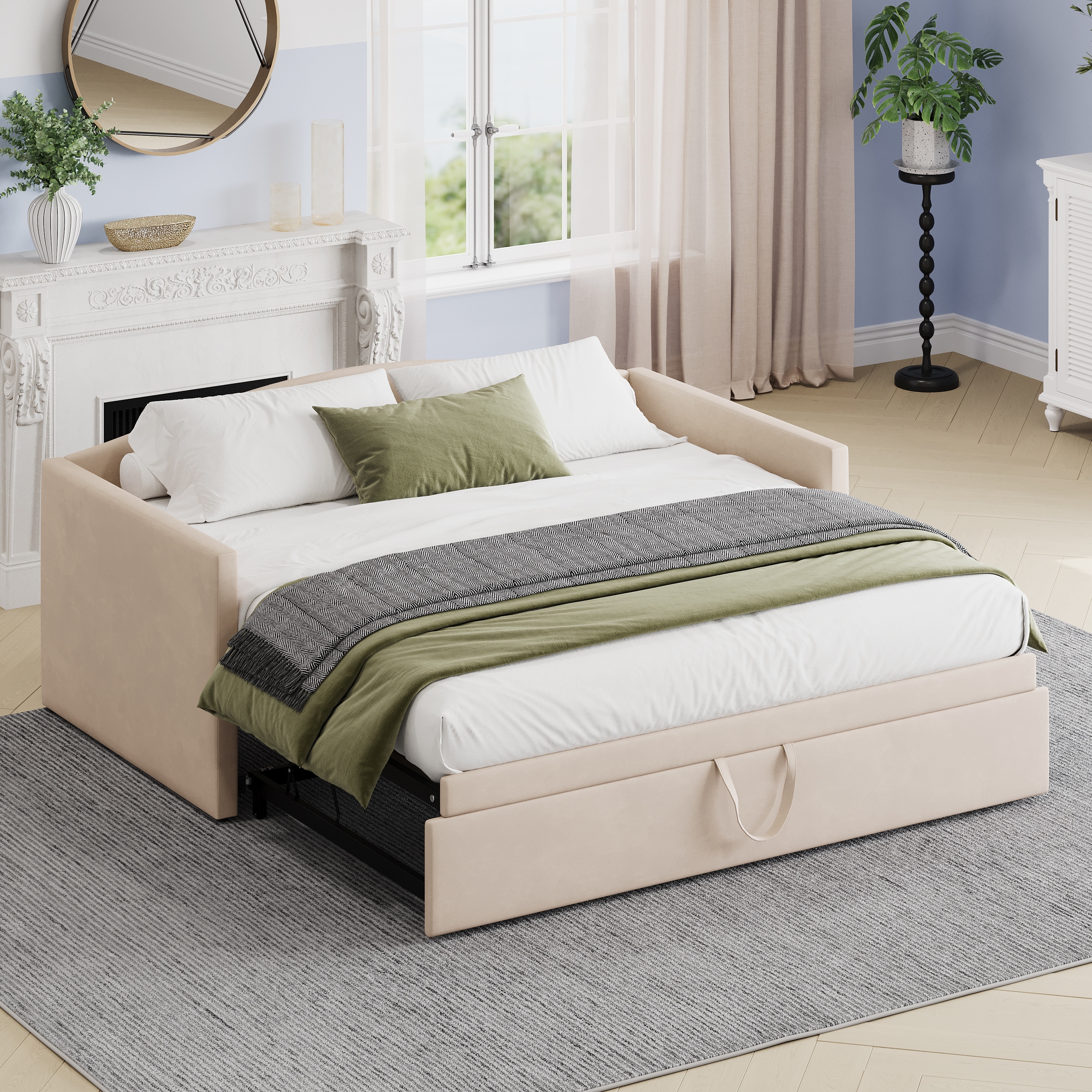 Daybed with Extended Pop Up Trundle Twin to King Size Velvet Sofa Bed with Soft Padded Armrests Bed Bath Beyond 41429693