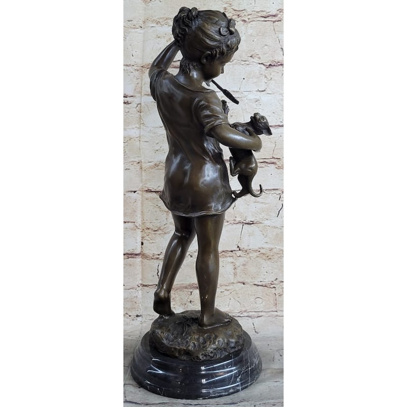 Young Girl Child Holding Kitten Imitative Cat - Bronze Sculpture Vintage Reproduction Art