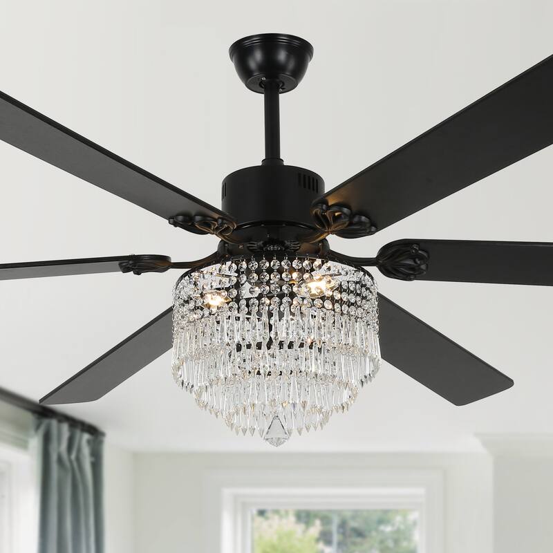 Cusp Barn 65" Modern Crystal Ceiling Fan with Lights and Remote, 6 Speeds Silent DC Motor Large Chandelier Ceiling Fan - Black