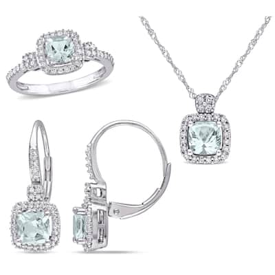 Miadora 2 1/8ct TGW Aquamarine 1/2ct TDW Diamond Halo Necklace Earrings Ring Set 10k White Gold