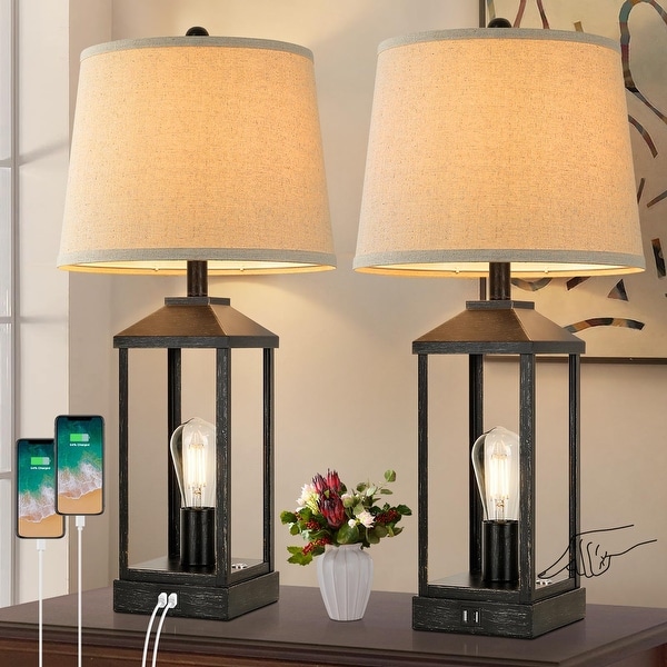 Table Lamps Set of 2 Farmhouse Bedside Lamp with USB Charging Ports 3 Way Dimmable Touch Control Nightstand Lamps Black