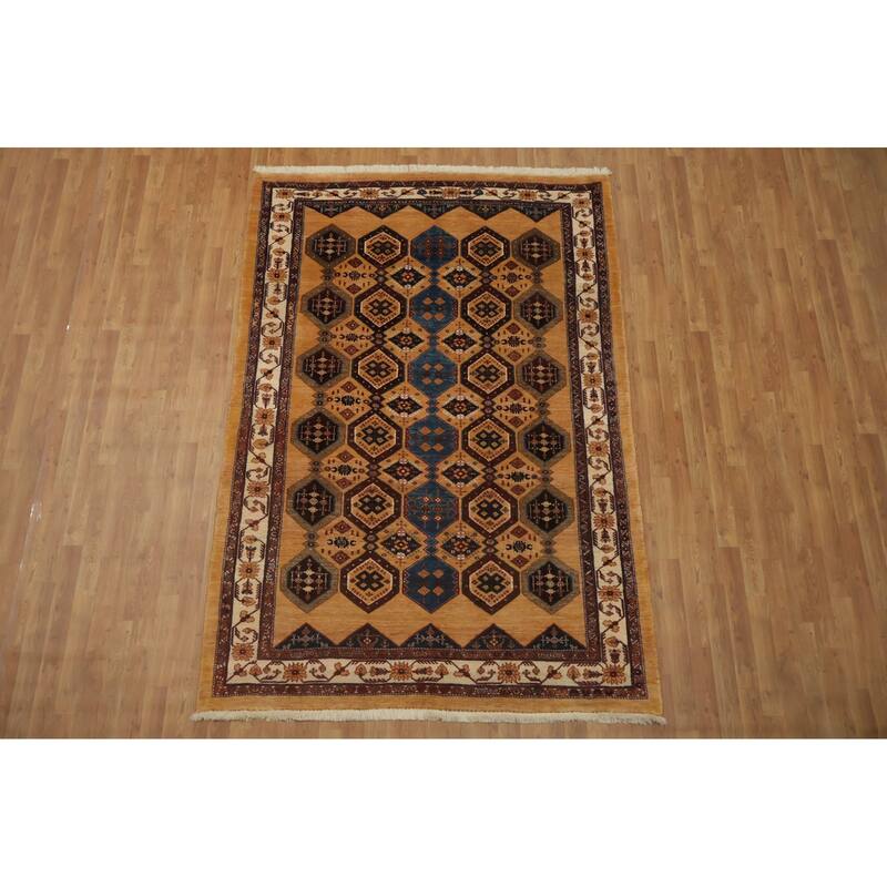 Hand Knotted Oriental 100% Wool Carpet Traditional Tribal Yellow & Gold Shiraz Area Rug - 8' 3'' X 5' 9''