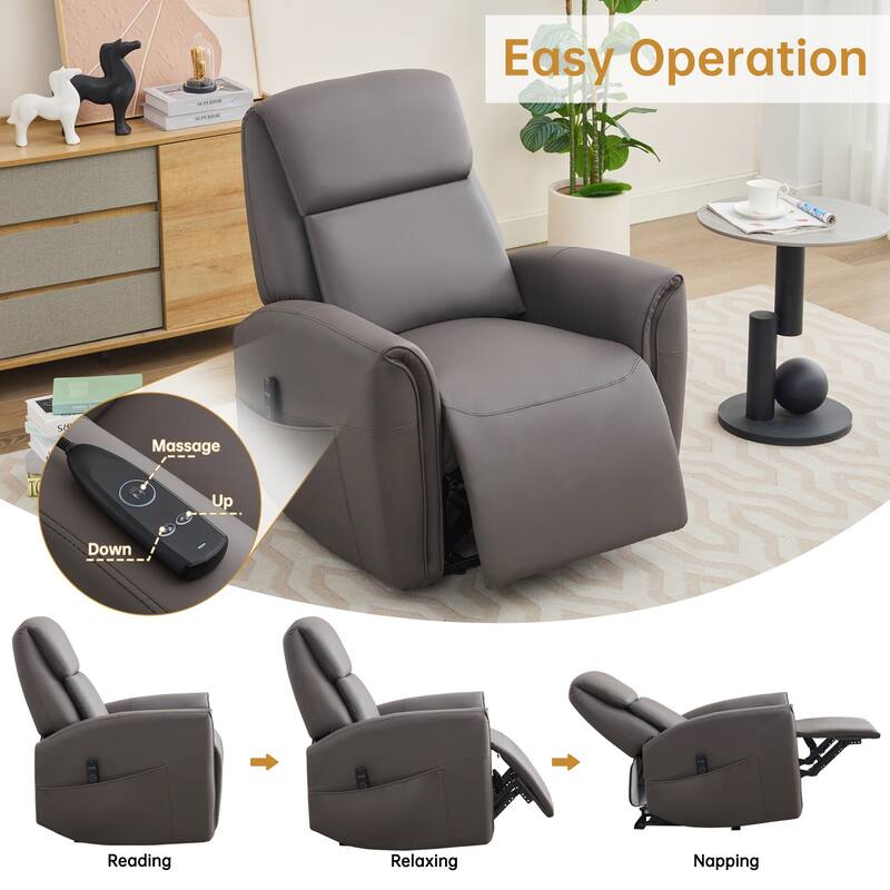 Oversized Faux Leather Massage Power Recliner with Two Pockets