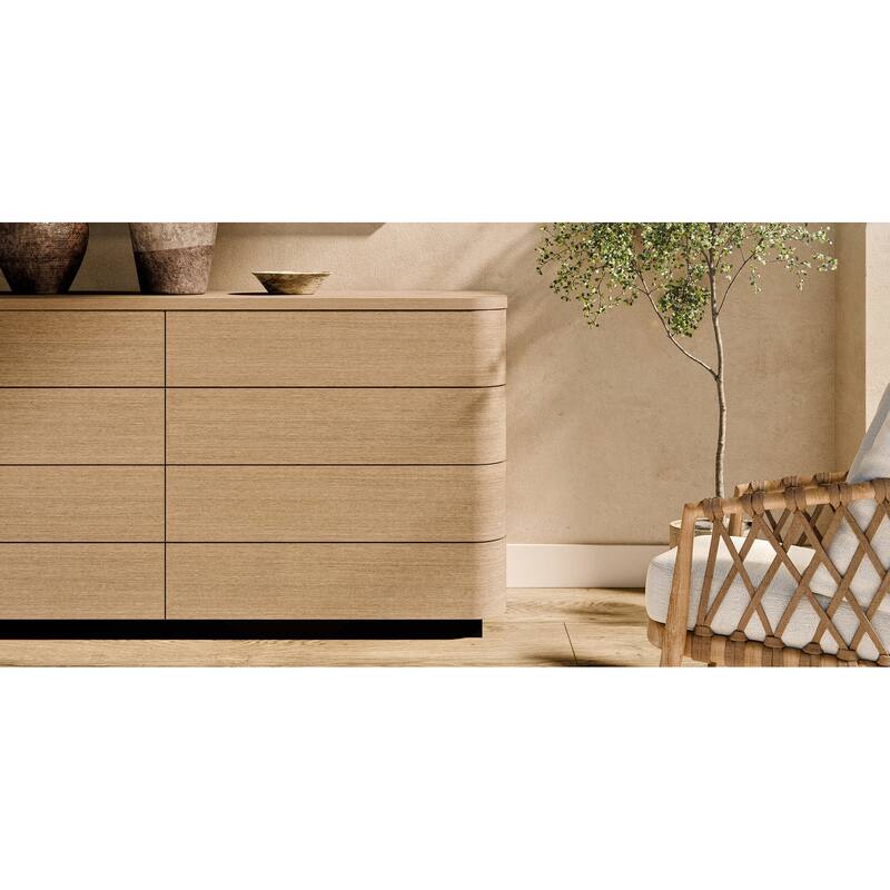Oak 8-Drawer Dresser Buffet for Bedroom Wide Chest of Drawers with Anti-Tip Safety, Waterproof Top