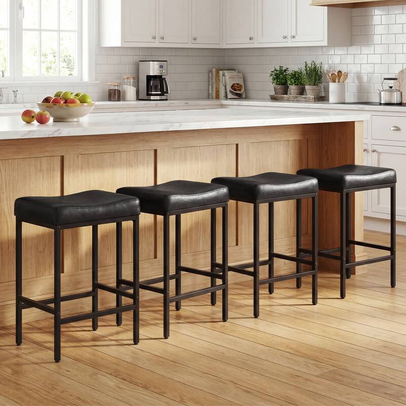 Gymax Bar Stools Set of 4 25'' Faux Leather Upholstered Saddle Stools