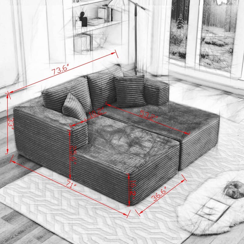 106" Corduroy Upholstery L-Shaped Cloud Modular Sectional Sofa with Chaise and Pillows, All-Foam Compression Design