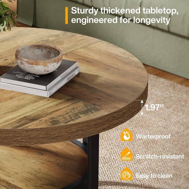 31.1 Inches Brown Engineered Wood Coffee Table, 2-Tier Round Center Table with Metal Legs for Living Room