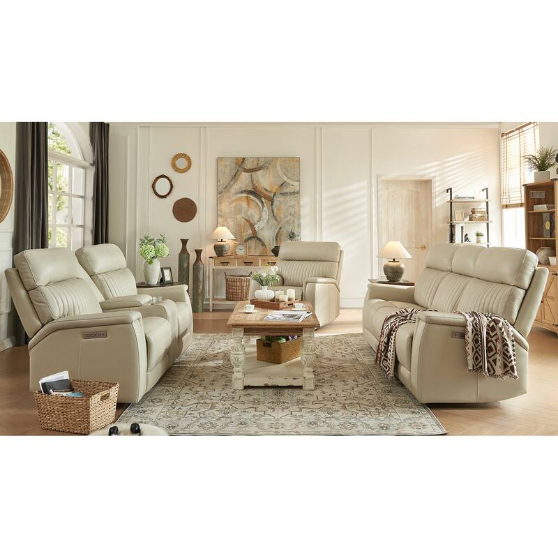 3-Piece Leather Zero Gravity Power Reclining Sofa Set with Power Headrest and Power Lumbar,USB&USB-C Port - Cream