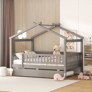 Full Size Wooden House Bed with Twin Size Trundle and Headboards