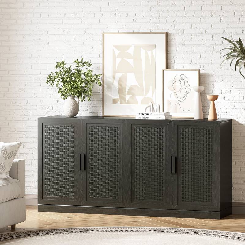 62"LX31"H Solid Wood Kitchen Pantry Sideboard Buffet Cabinet Storage with Rattan Doors