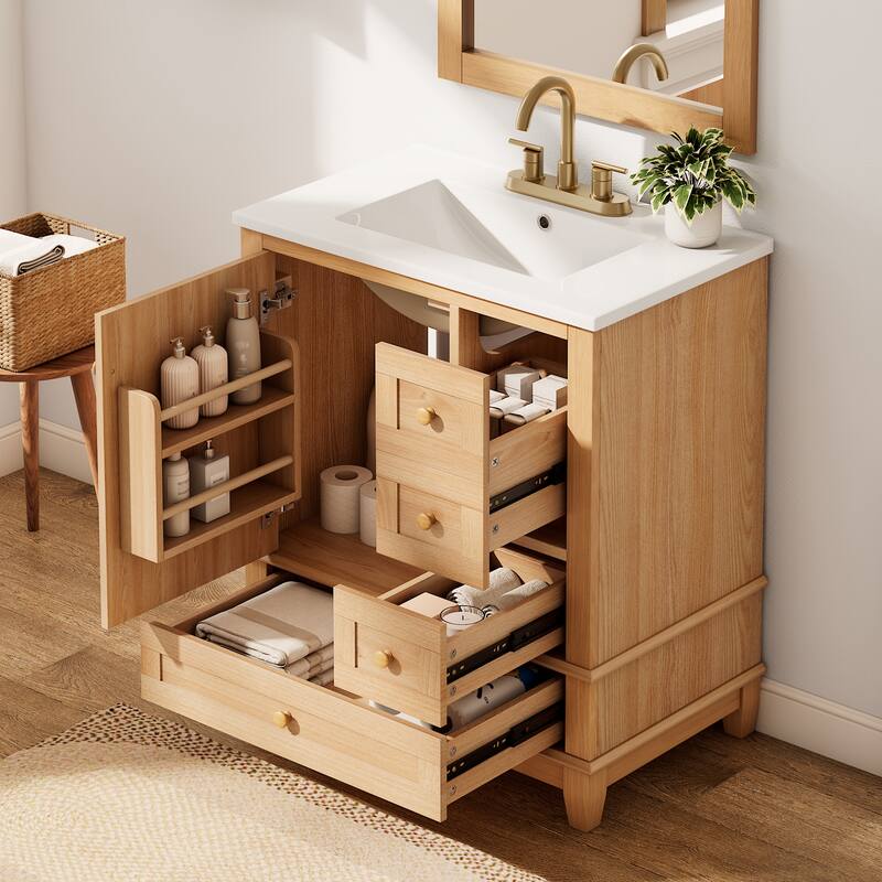30" Bath Vanity with Sink - 3 Drawers, Door Shelf & Soft-Close Mechanism