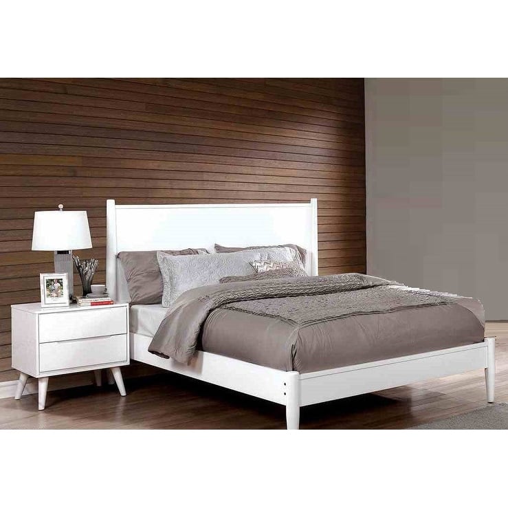 Mid-Century Modern White Wash Solid Wood 4 Piece Bedroom Set Bed Nightstand Dresser Mirror - Eastern King