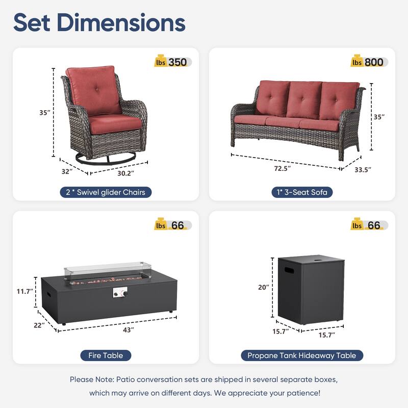Pocassy Outdoor 5 Pieces Sofa Swivel Chair with Fire Pit Table
